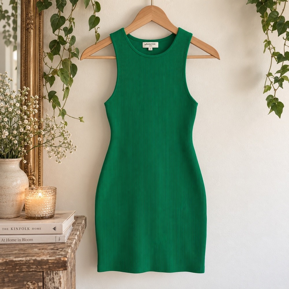 Babaton Aritzia Sculpt Knit Mini Dress Green Ribbed Sleeveless Racerback M